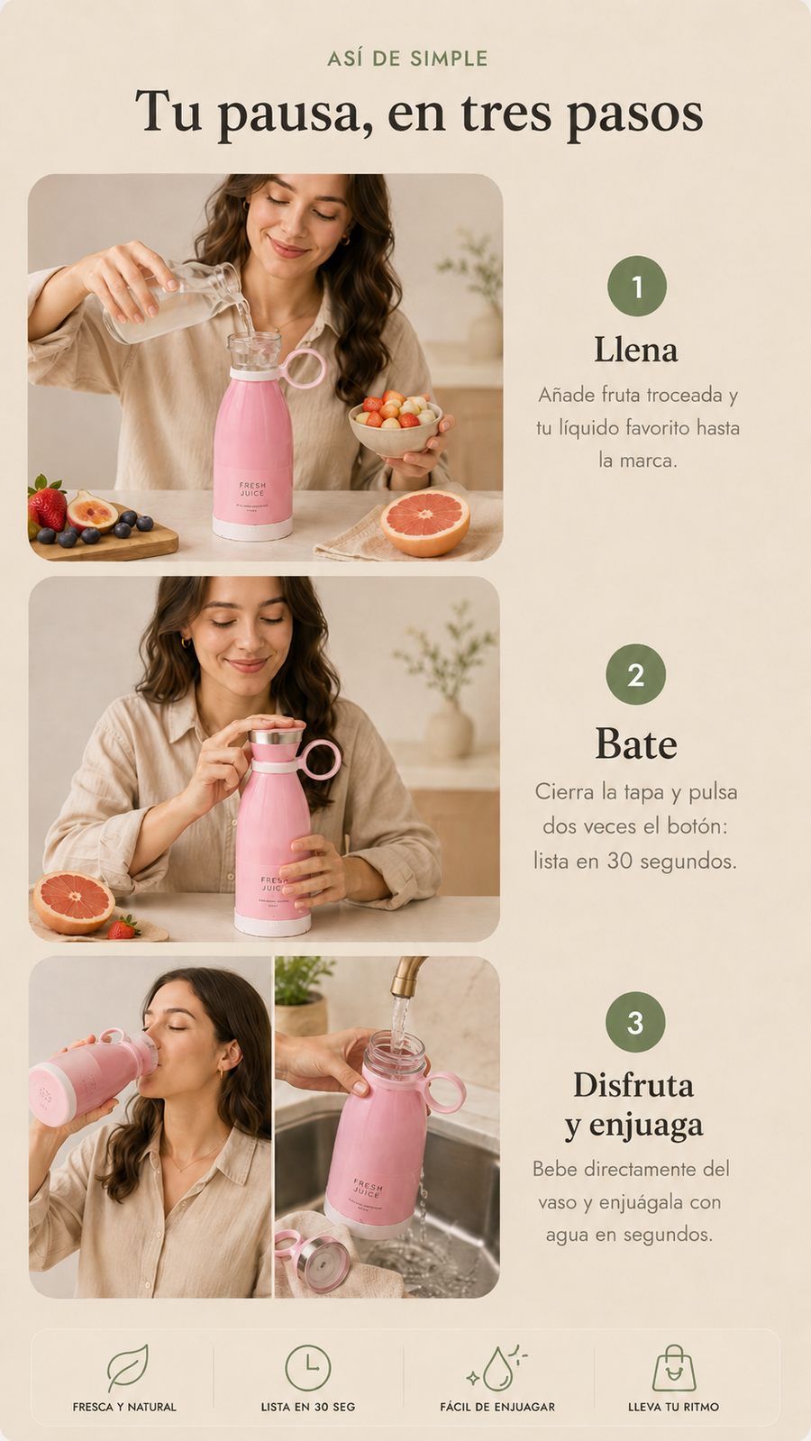 Tu pausa en tres pasos: llena con fruta y líquido, bate 30 segundos, disfruta y enjuaga — Batidora Portátil Fitryve